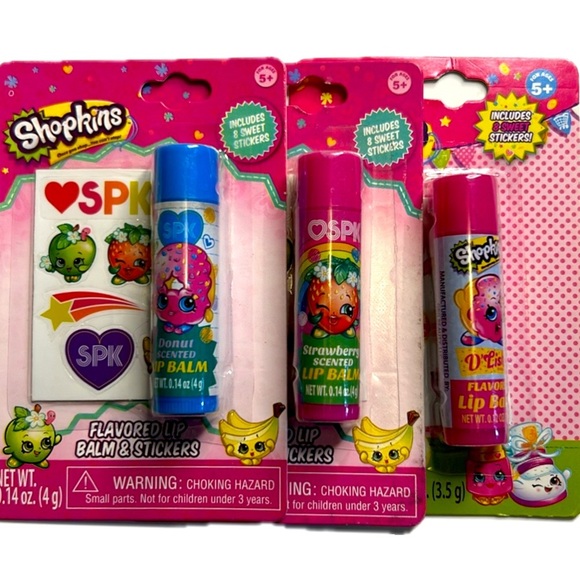 Shopkins Lip Balm & Sticker Bundle- D'lish Donut & Strawberry Kiss Quantity of 3 - Picture 1 of 11